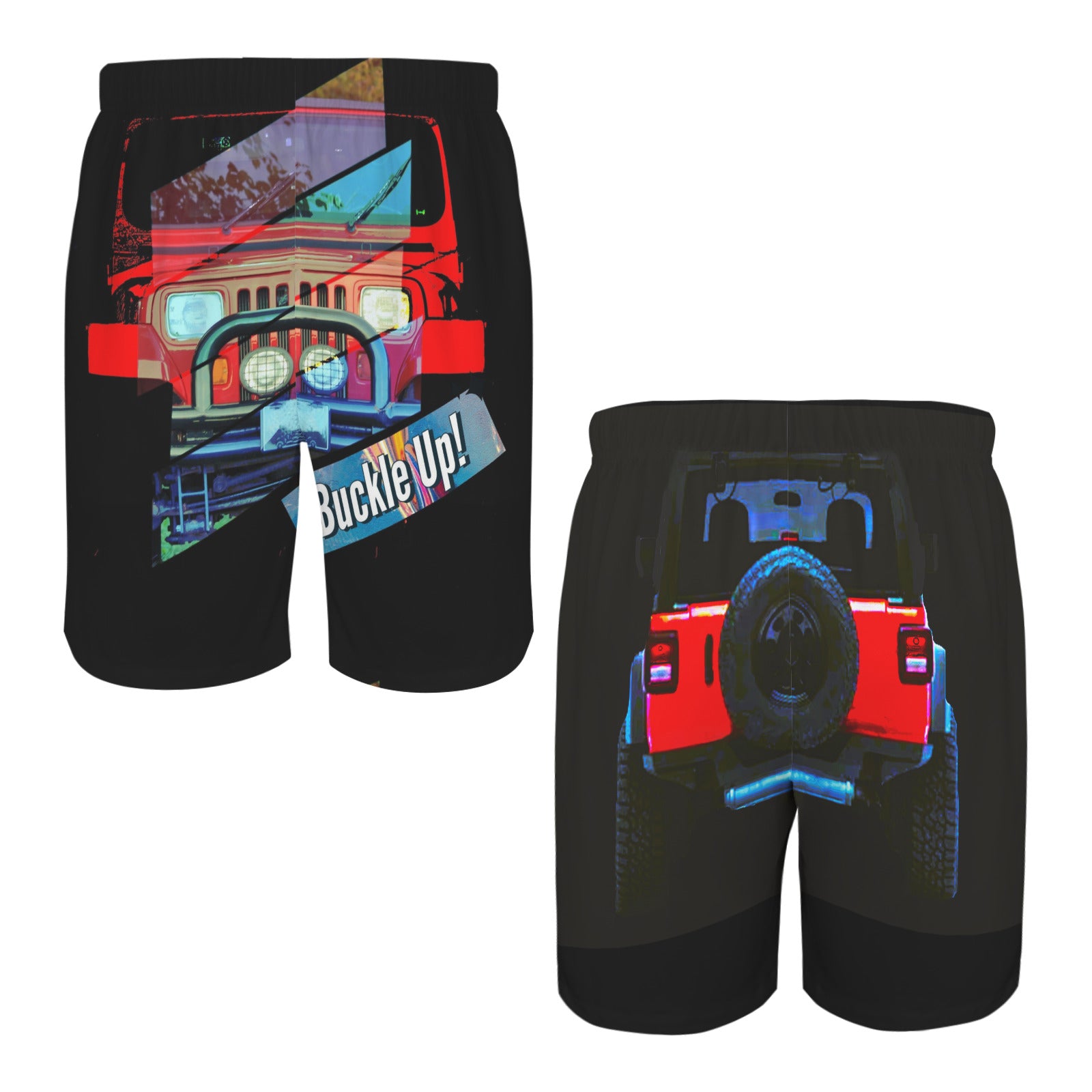 Black shorts with a red vehicle graphic and 'Buckle Up!' text on a white background