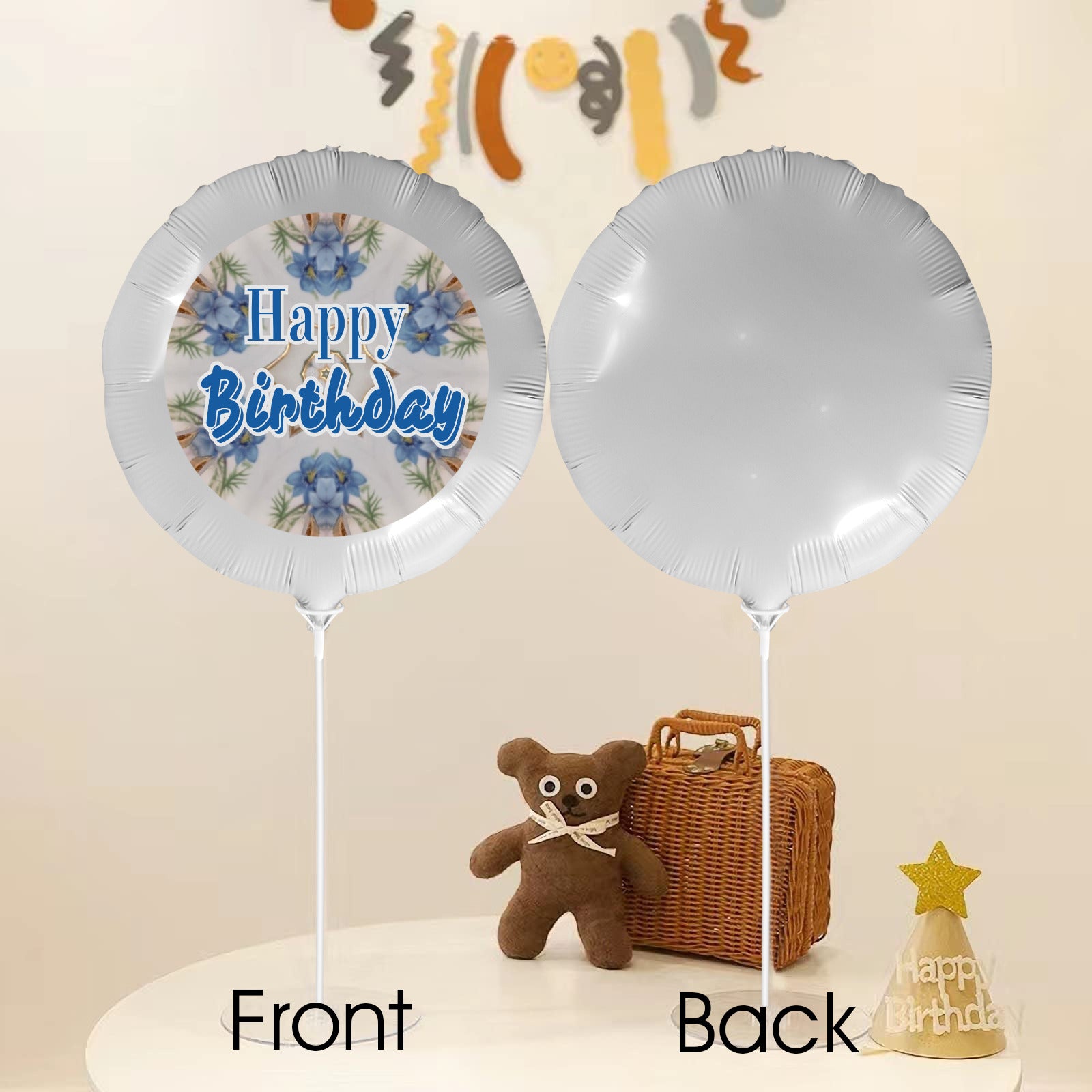 Happy Birthday Blue Floral Design 18-inch Custom Aluminum Foil Balloons - Pack of 3 (Made in USA)