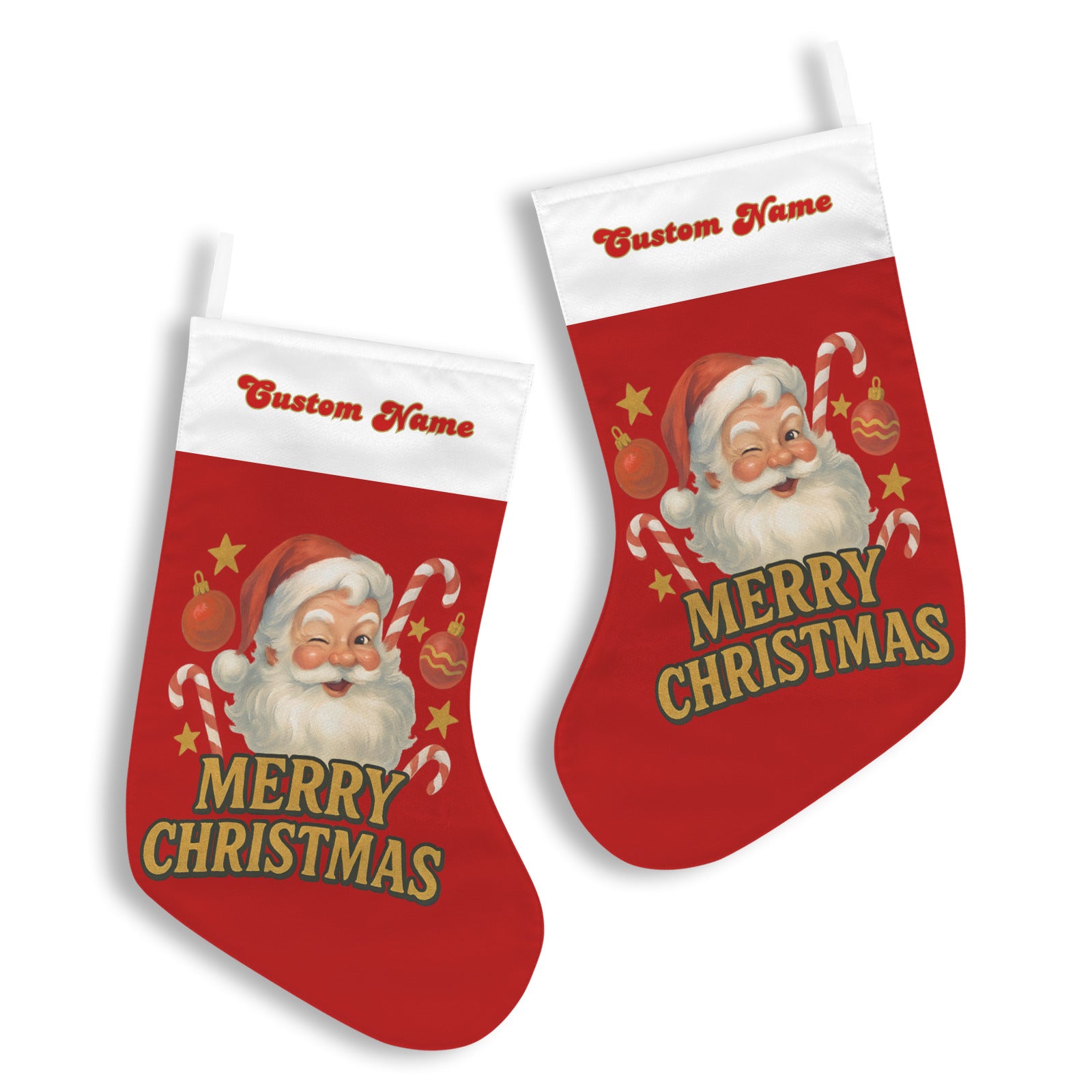 Two red Christmas stockings with Santa Claus design and 'Merry Christmas' text on a white background.