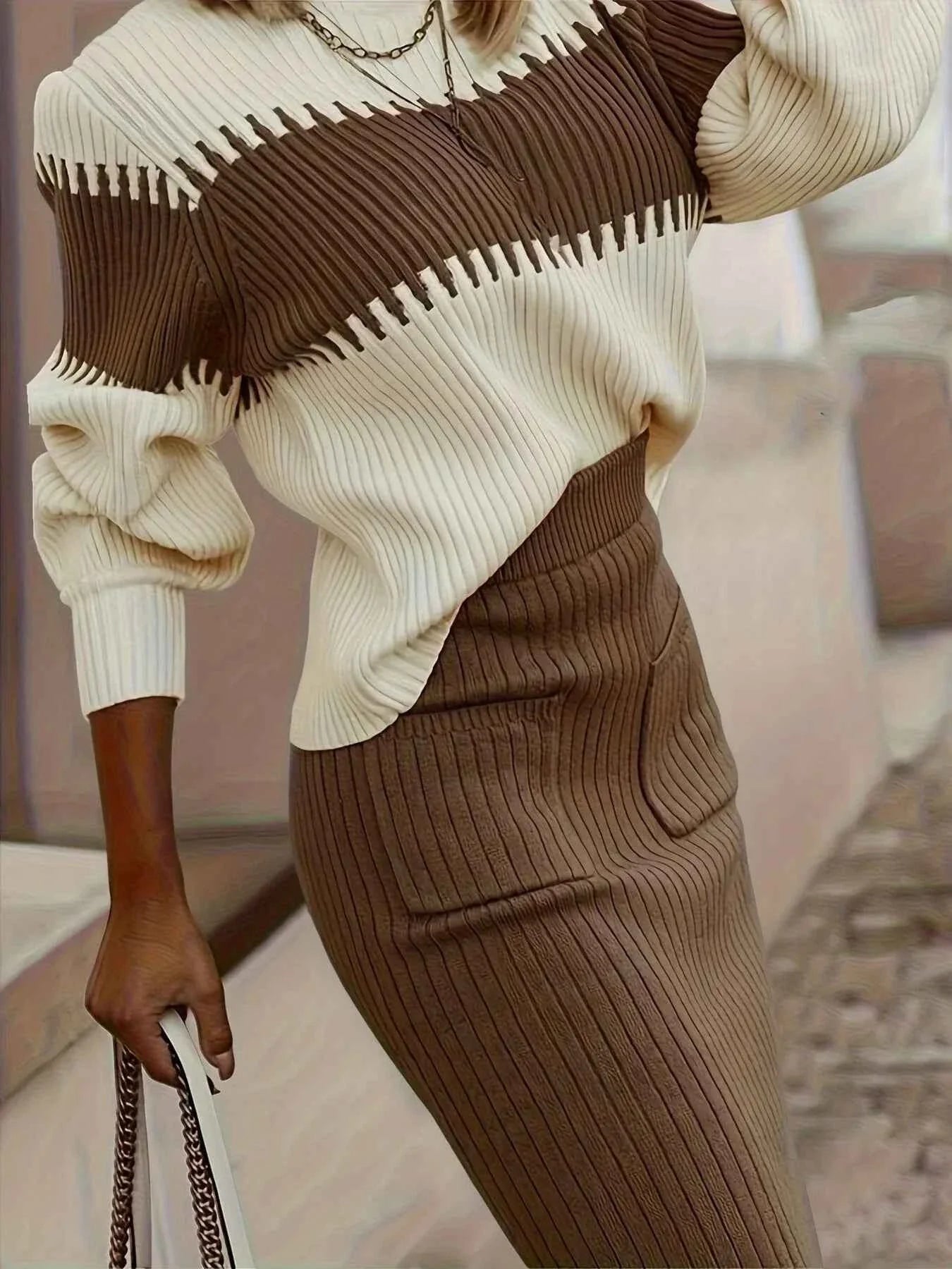 Two-Tone Ribbed Knit Top & Skirt Set Sweater Outfit
