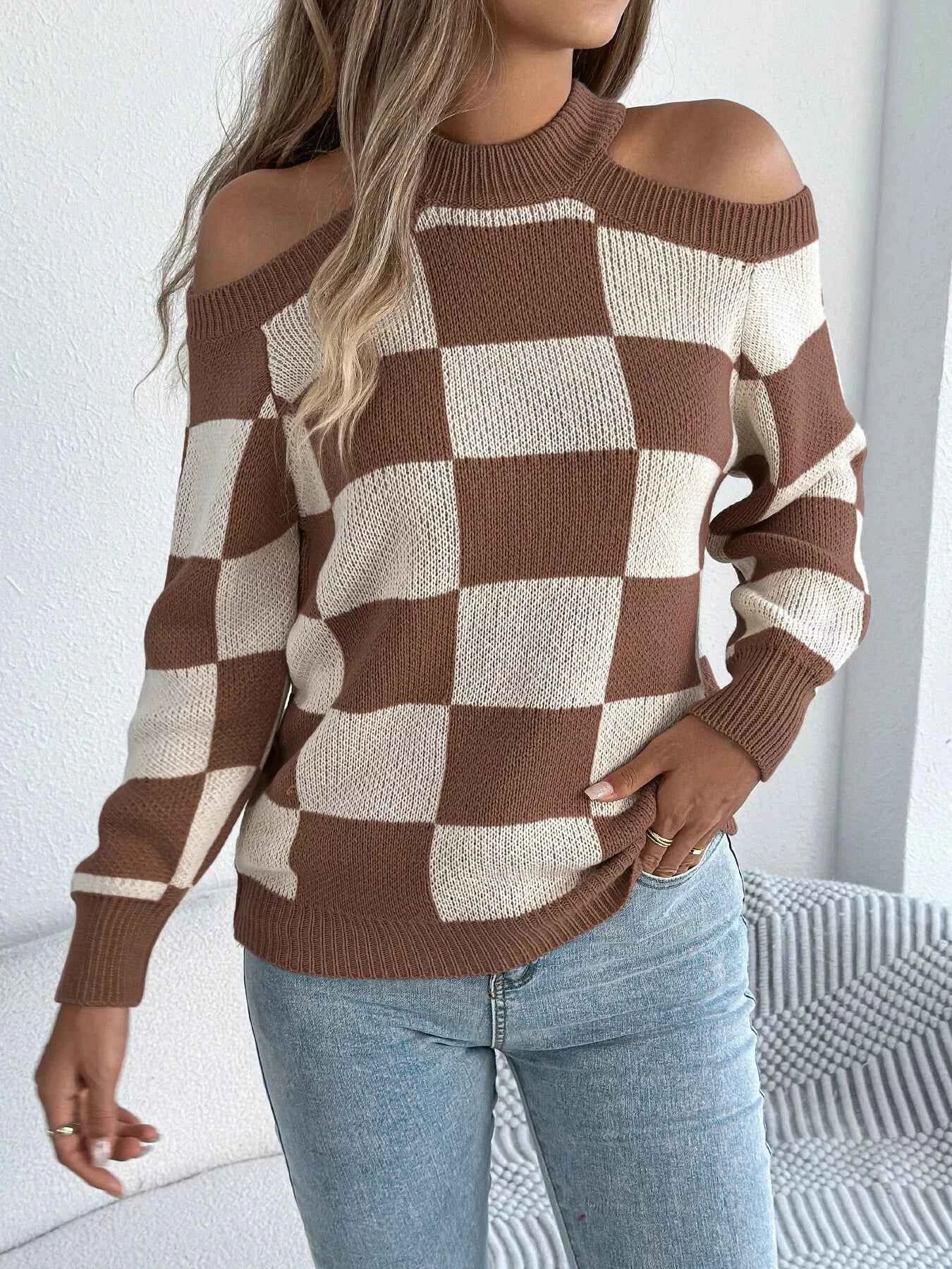 Cold Shoulder Checkered Long Sleeve Sweater