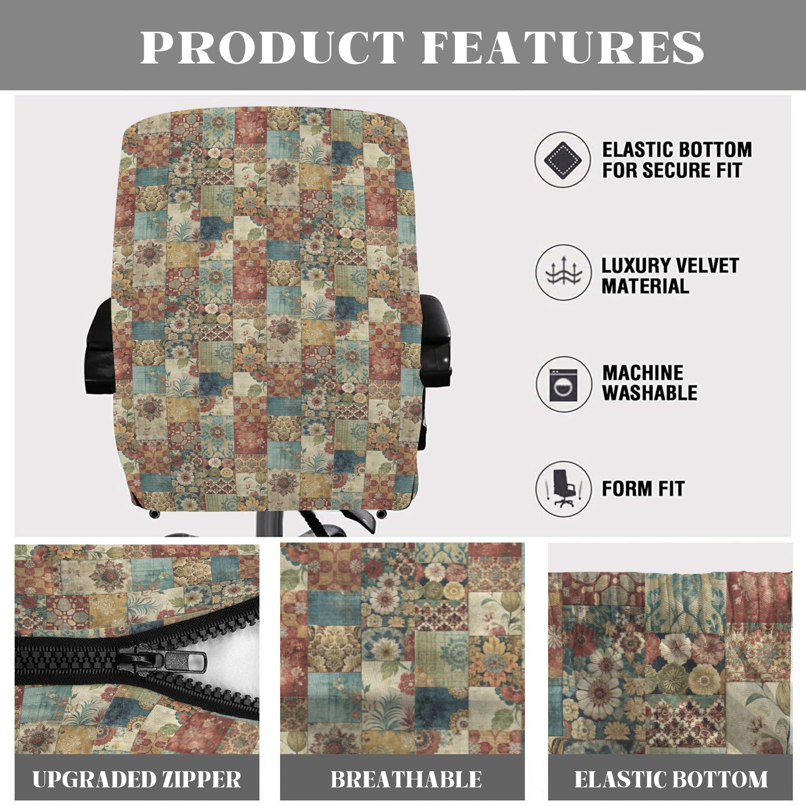 Patchwork Quilt Faux Design Office Chair Cover (Made in USA)