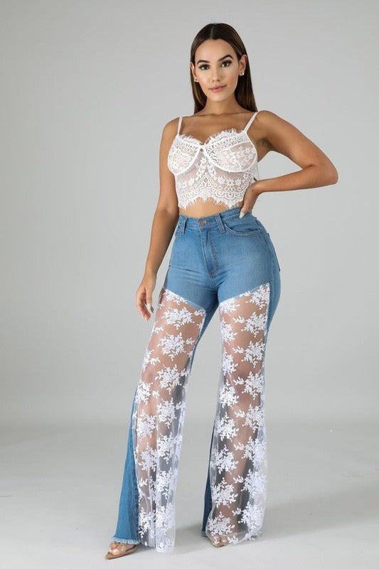 Women's White Lace Bell Bottom Short Jeans