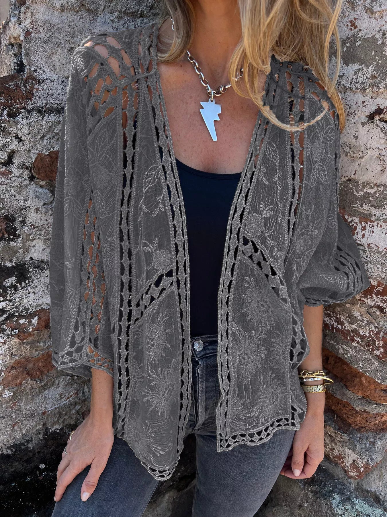 Women's Plus Size Embroidered Lacy Open Front Cardigan