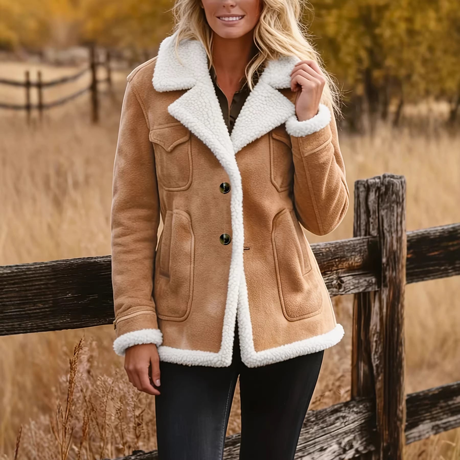 Women's Retro Pocket Lapel Button Jacket Fur Coat