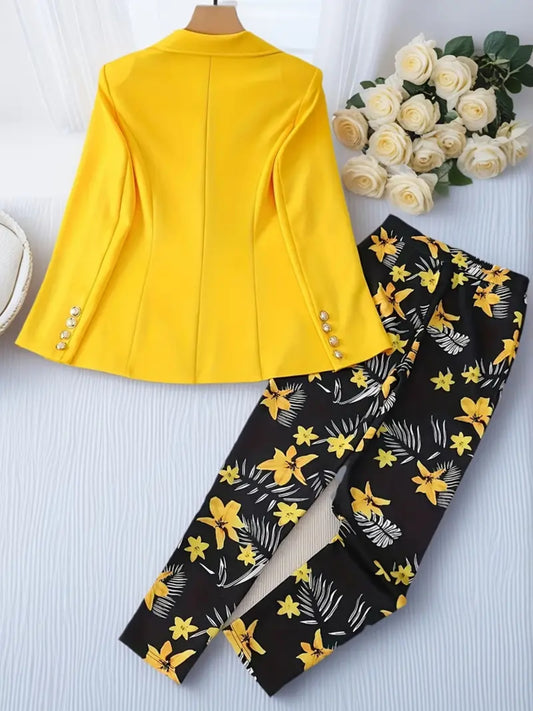 Women's Fashionable 2-piece Solid Color Jacket And Printed Pants Suit