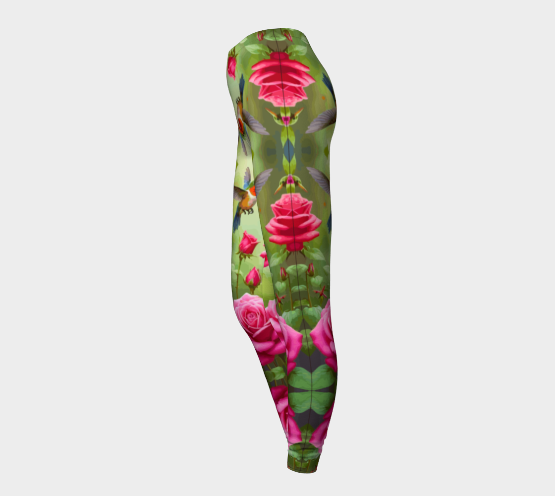 Hummingbirds and Pink Roses Printed Leggings