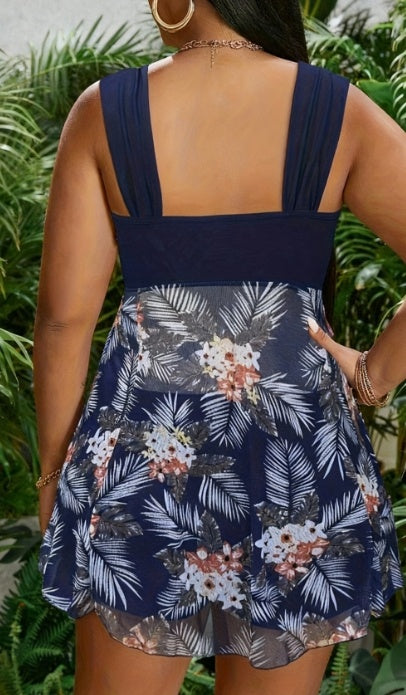 Women's Plus Size Navy Ruched Top with Belt Tie Two-piece Tankini