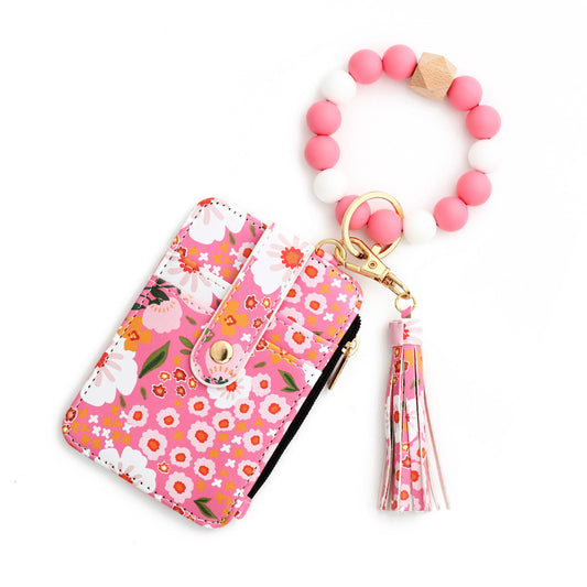 Women's Floral Print Leather Card Wallet and Keychain