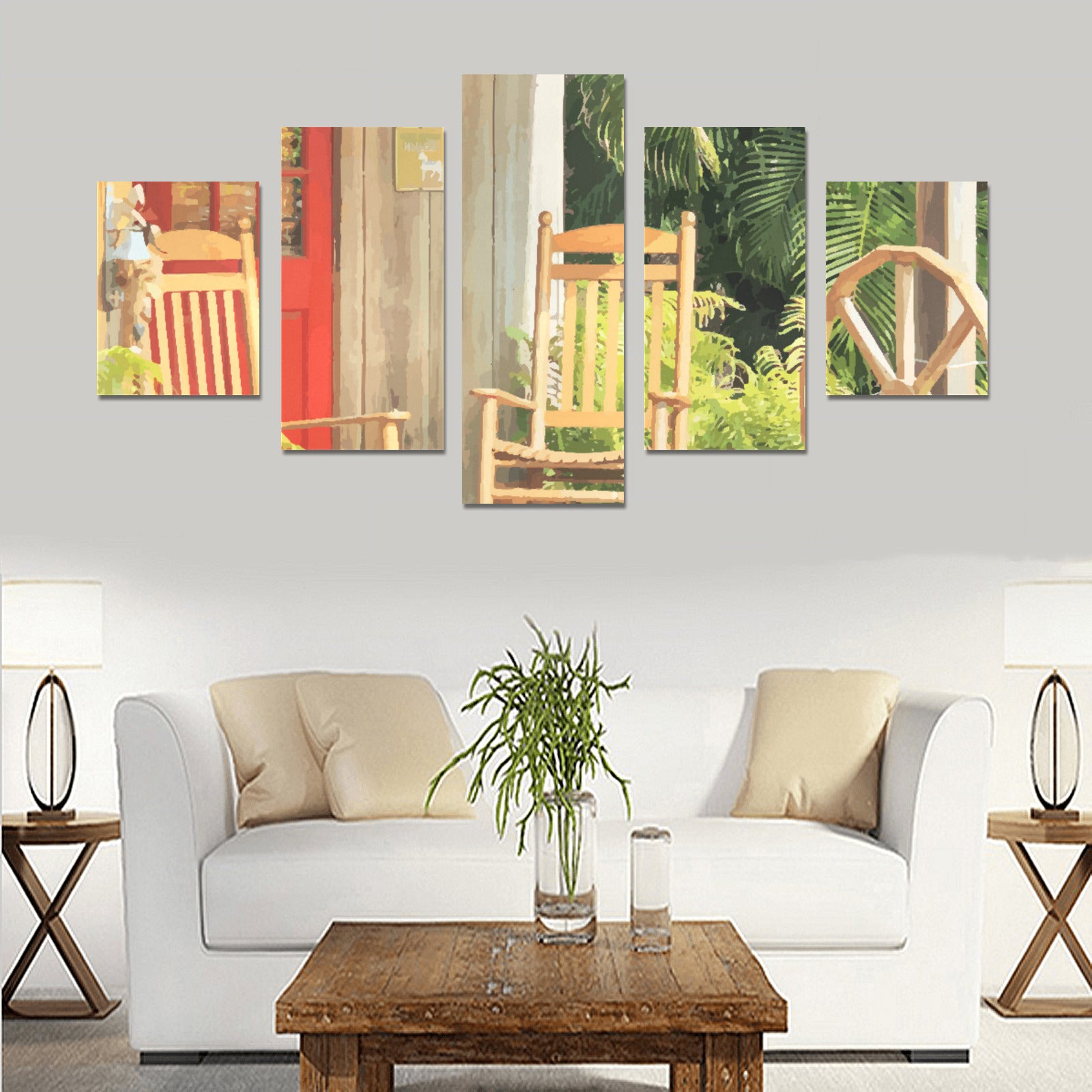 Western Front Porch with Rocking Chairs Canvas Wall Art Prints (No Frame) 5-Pieces