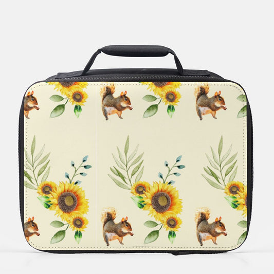 Pattern of Happy Squirrel and Sunflowers Small Insulated Lunch Box - Shell Design Boutique