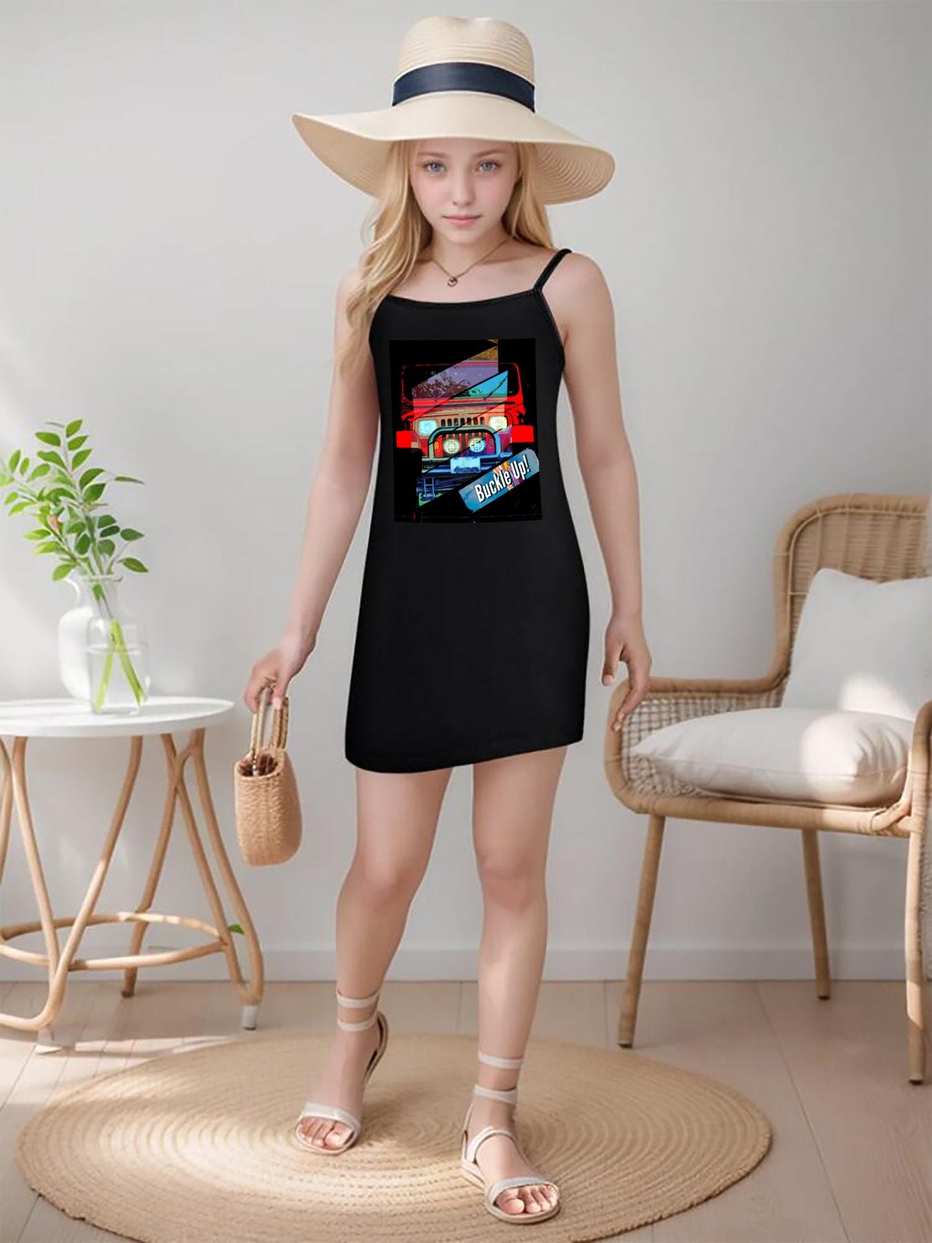 Girl's Buckle Up! 4-wheel Drive Short Black Dress with Spaghetti Straps