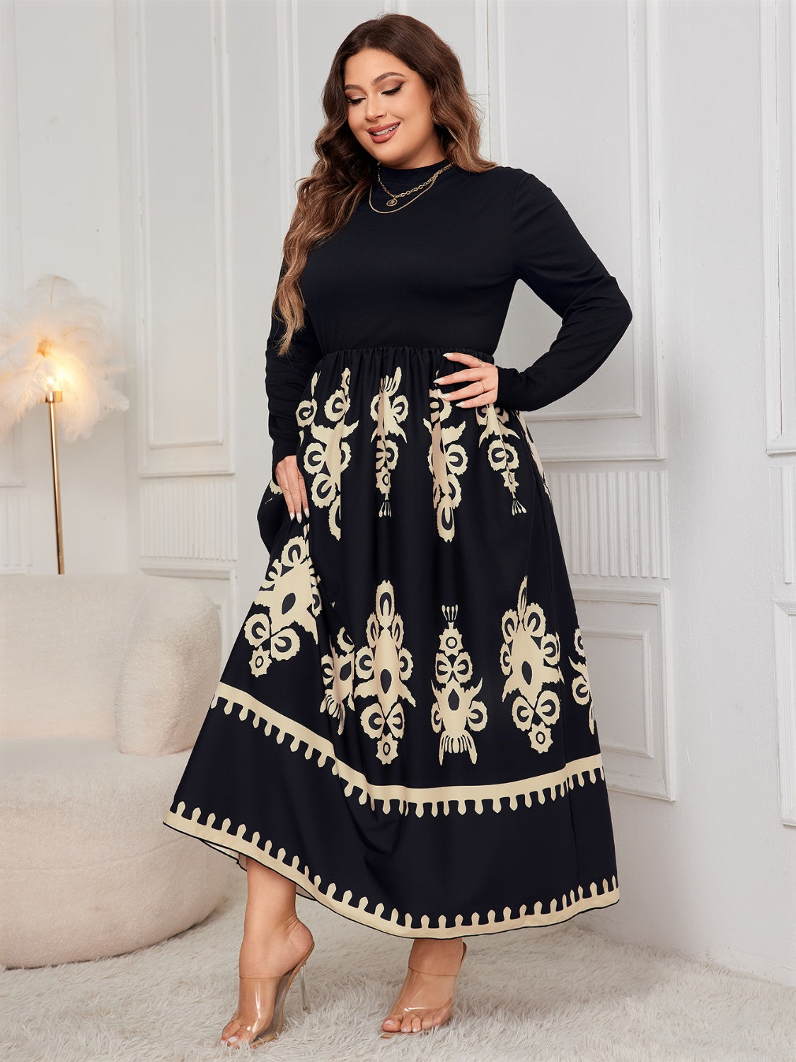 Honey Plus Size Printed Mock Neck Long Sleeve Dress