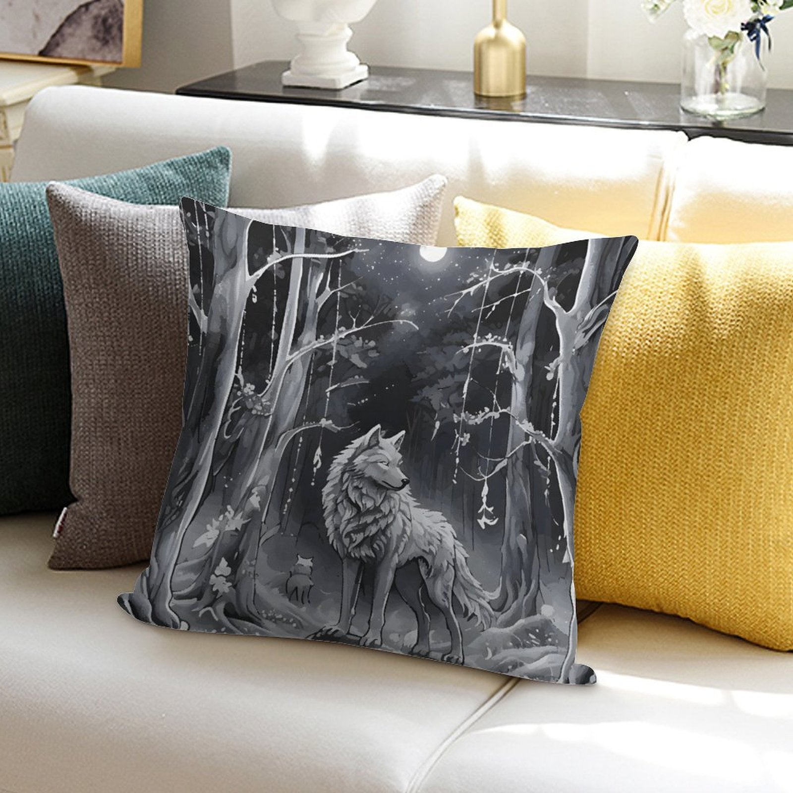 Decorative pillow with a wolf design on a couch