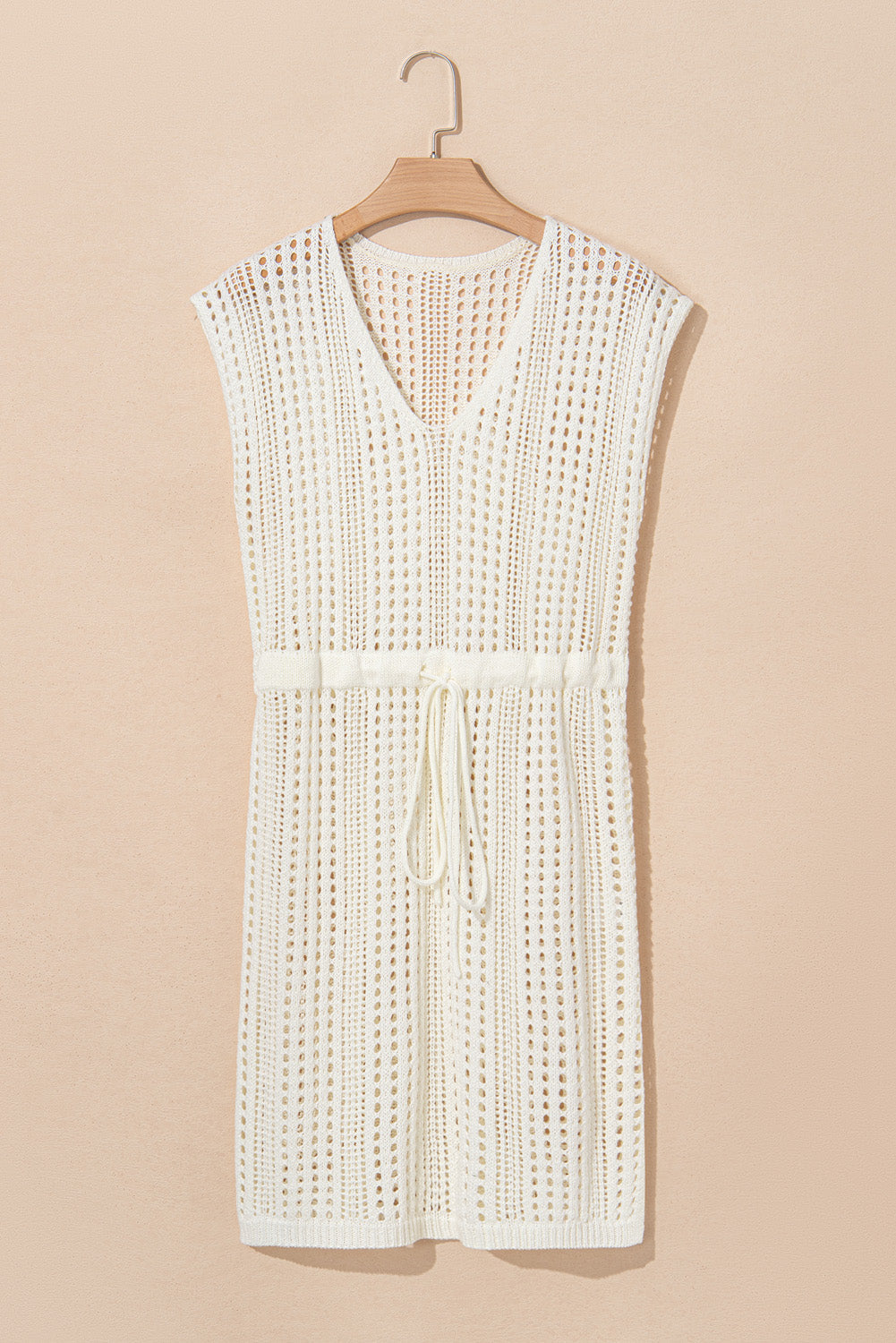 Crochet Open Knit Drawstring Waist Beach Dress Coverup