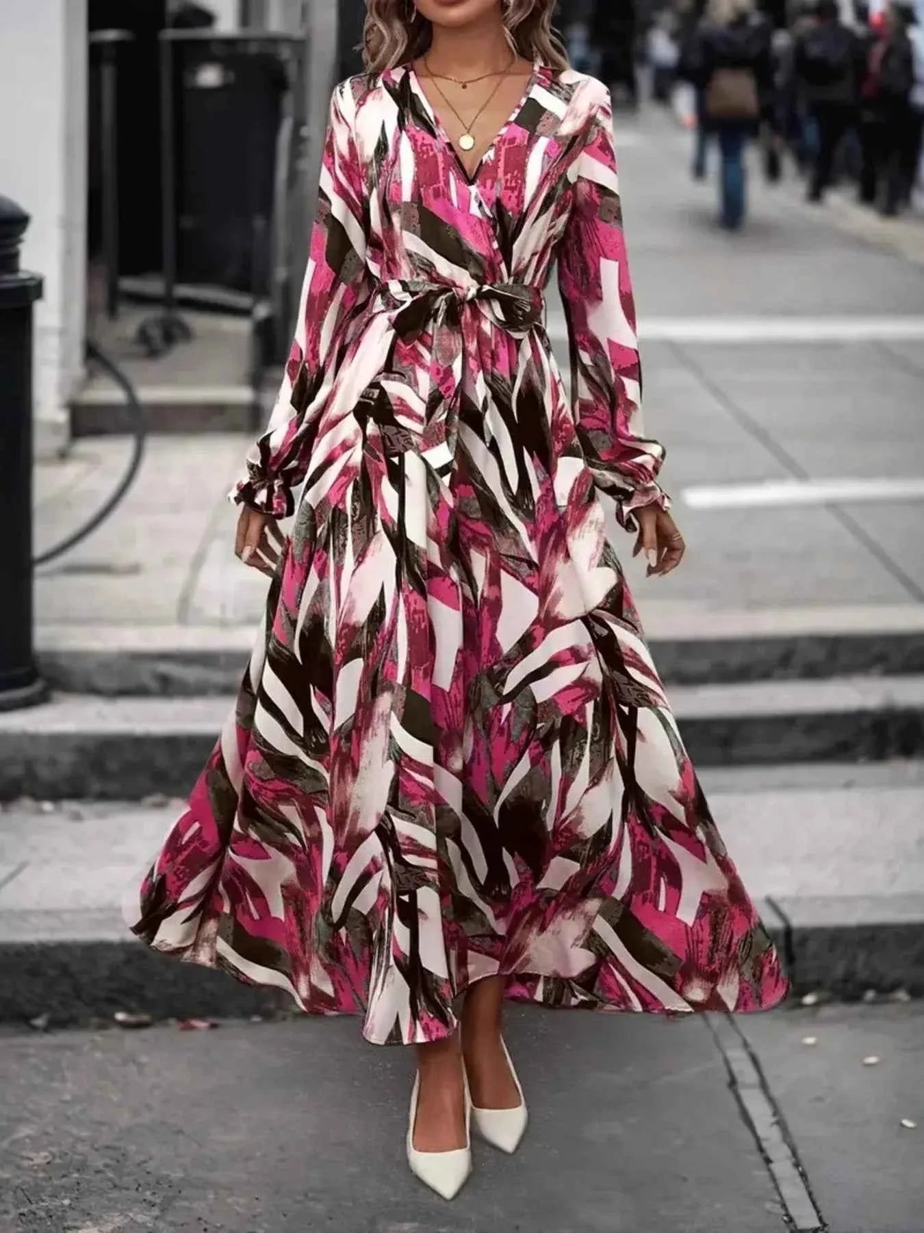 Printed Surplice Belted Flounce Long Sleeve Maxi Dress