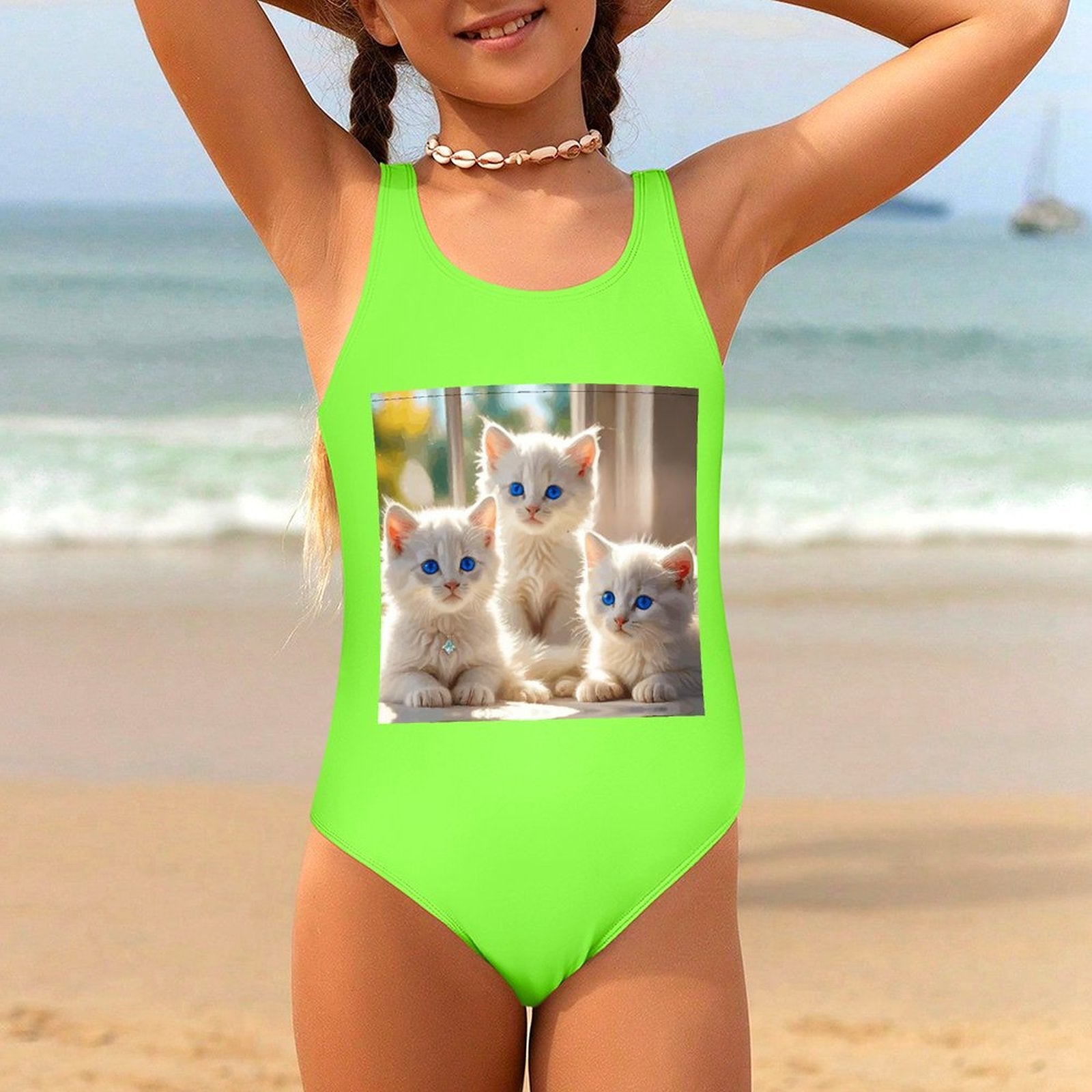 Fluffy White Kittens with Blue Eyes Girls' Summer One-Piece Swimsuit (Front Printing)