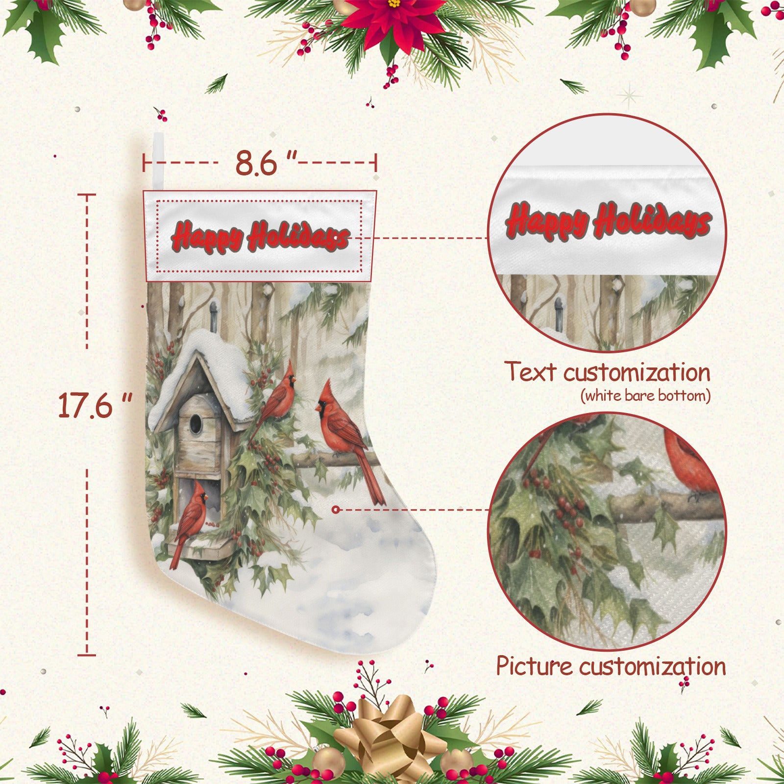 Happy Holidays Red Birds in Snow Christmas Stocking - Double sided print (Made in USA)