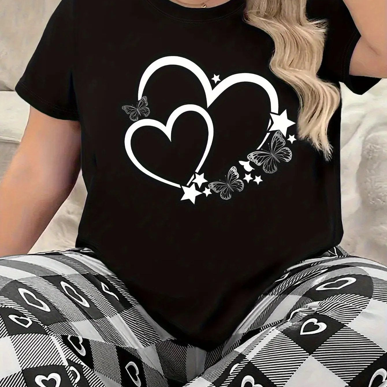 Plus Size Black Heart Butterfly Star Graphic Tee