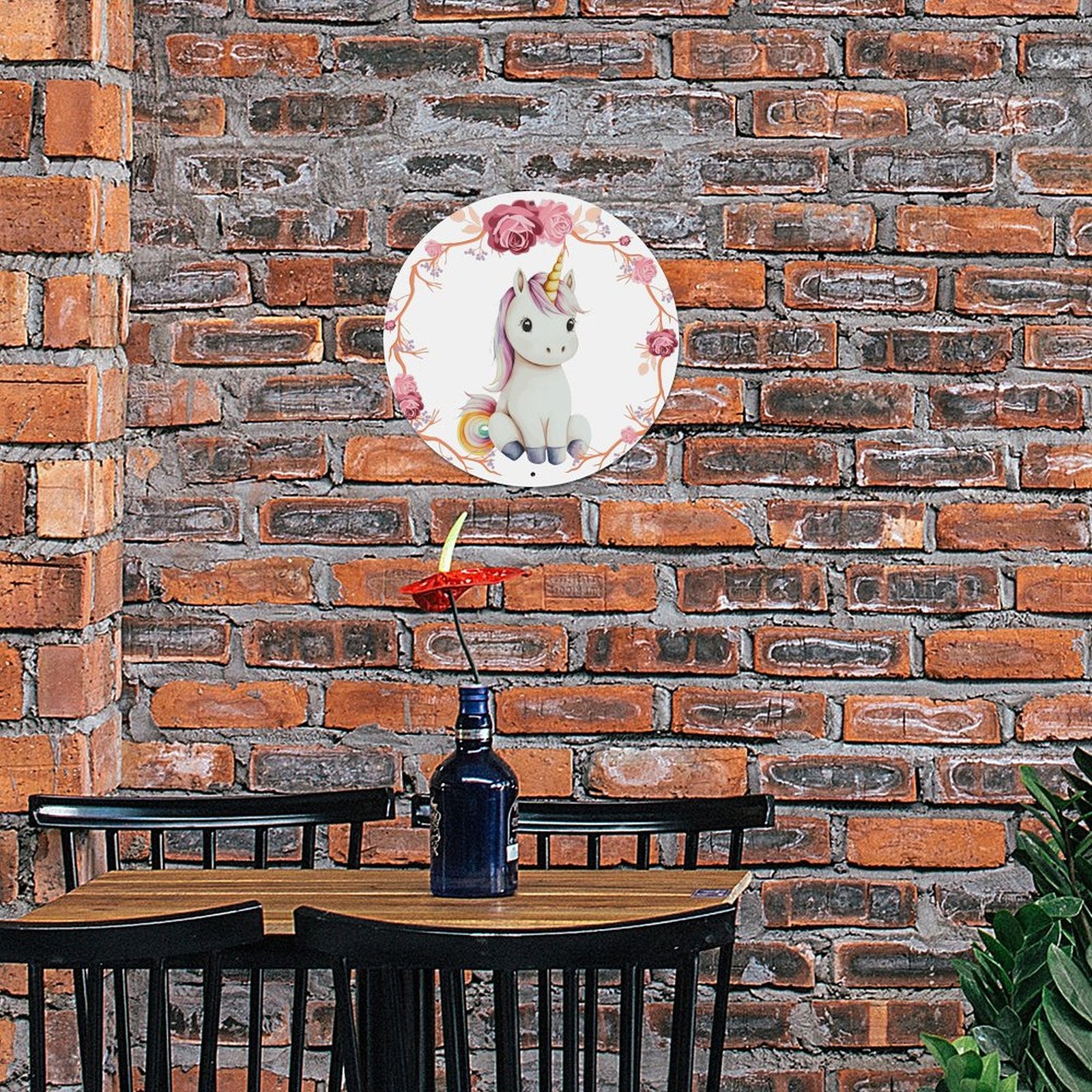 Baby Unicorn with Pink Roses Round Aluminum Plaque Painting