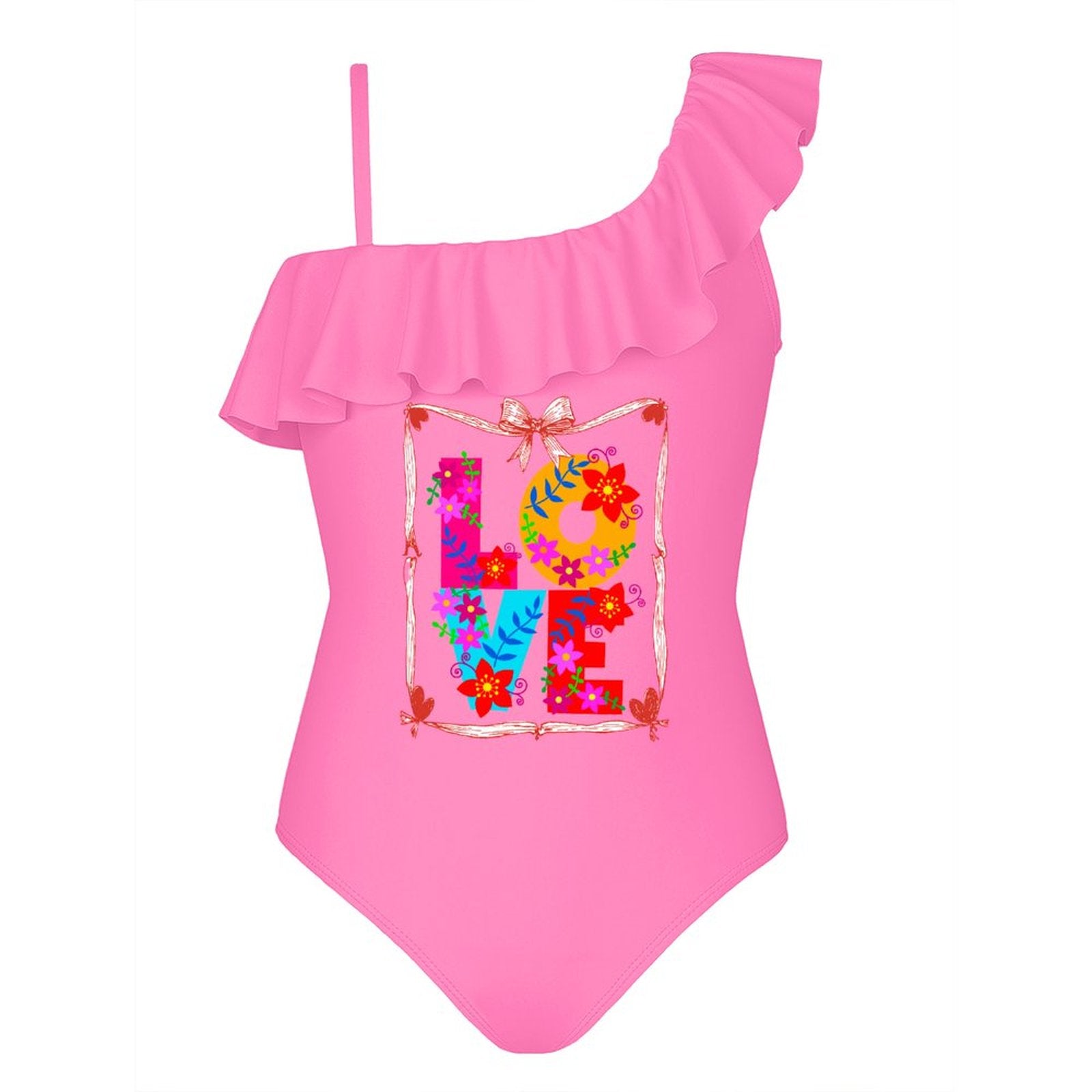 Girl's Floral LOVE Ruffled One-Piece Swimsuit (Front Printing)