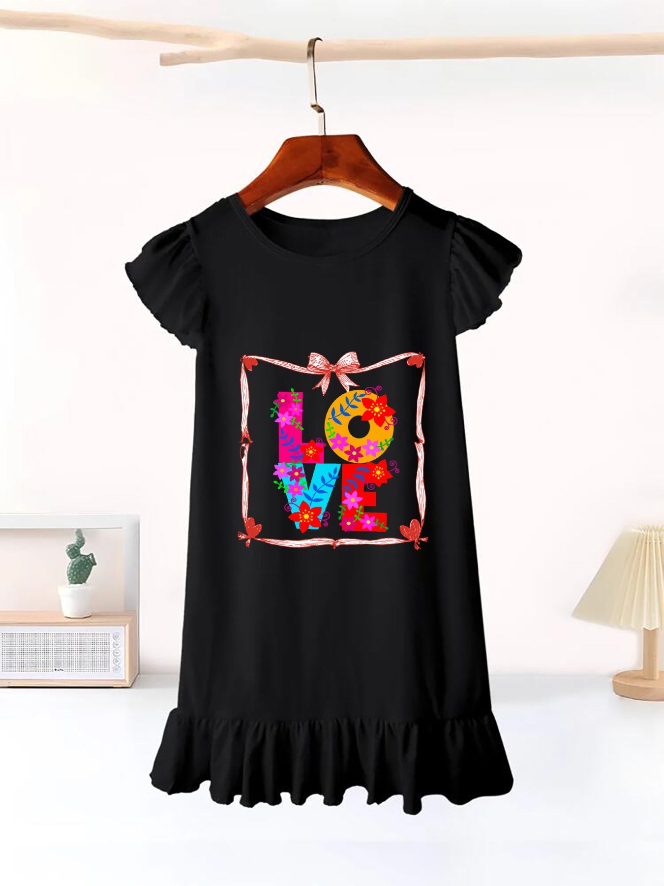 Floral LOVE Flutter Sleeve Dress for Girls (Front Printing)
