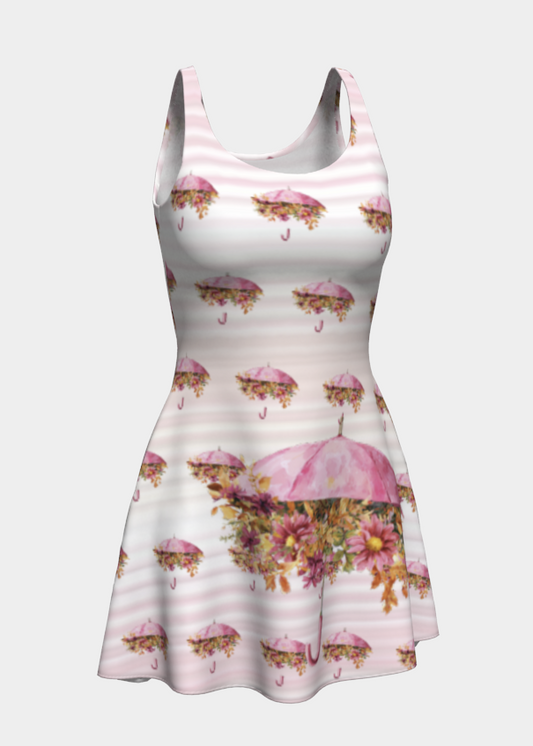 White dress with floral and pink umbrella pattern on a light gray background