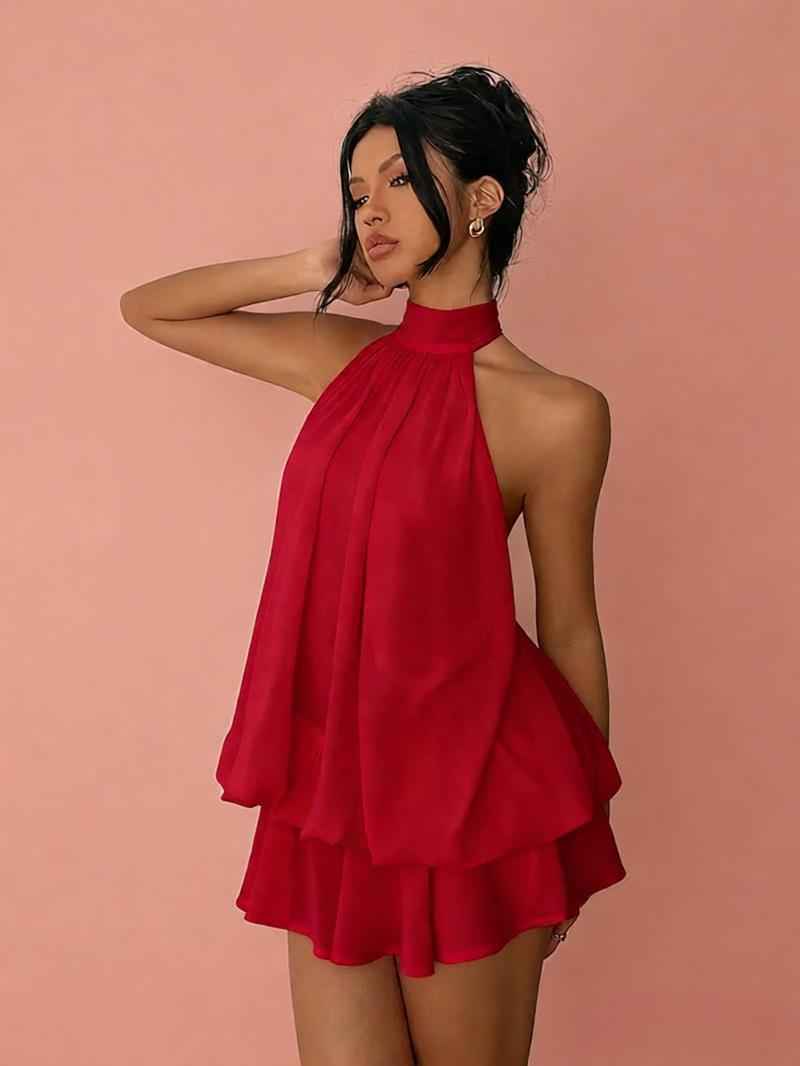 Chiffon Halter Tea Length Dress Sassy Skirt