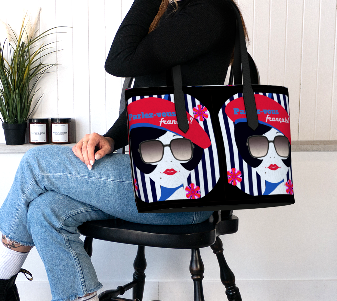 French Girl in Red Beret Printed Vegan Leather Tote Bag