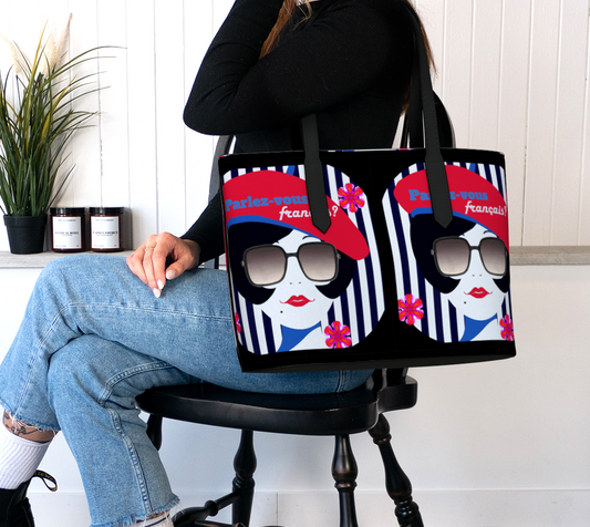 French Girl in Red Beret Printed Vegan Leather Tote Bag