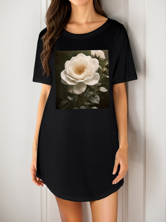 White Rose T-Shirt Dress Gown for Women (Front Printing)