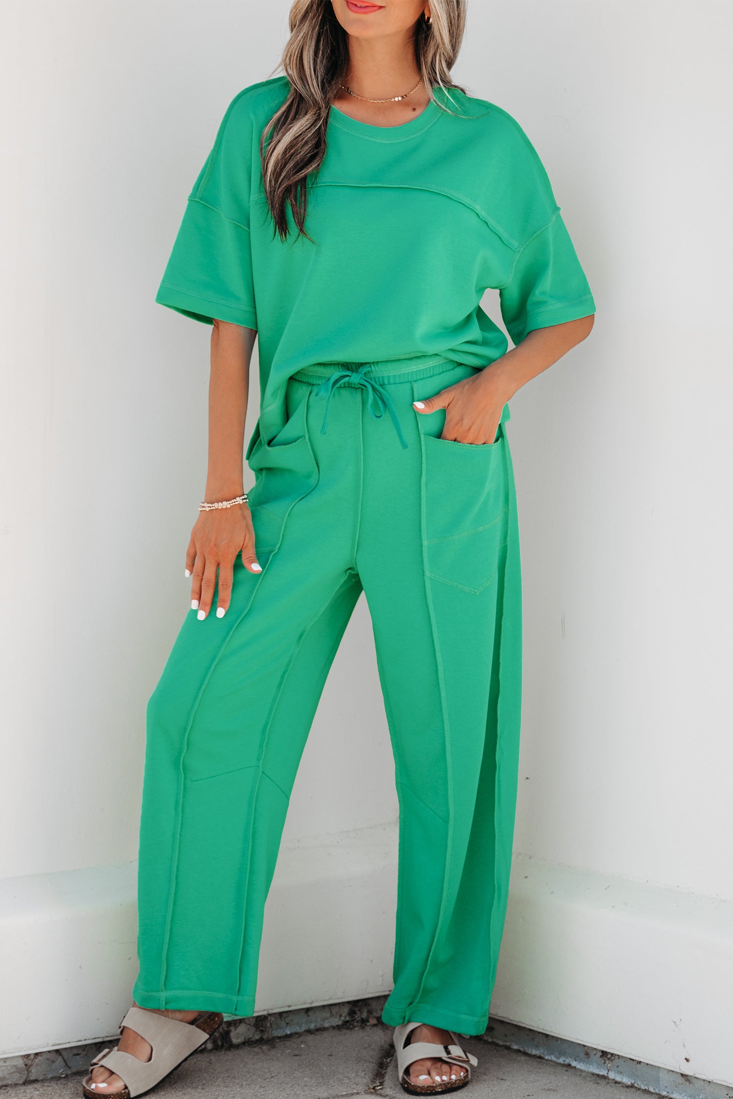 Rose Red Drop Shoulder Boxy Tee and Barrel Pants Set