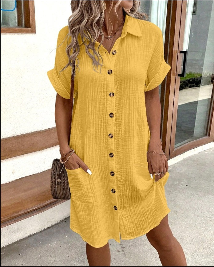 Women's Fashion Solid Color Single-breasted Loose Shirt Dress