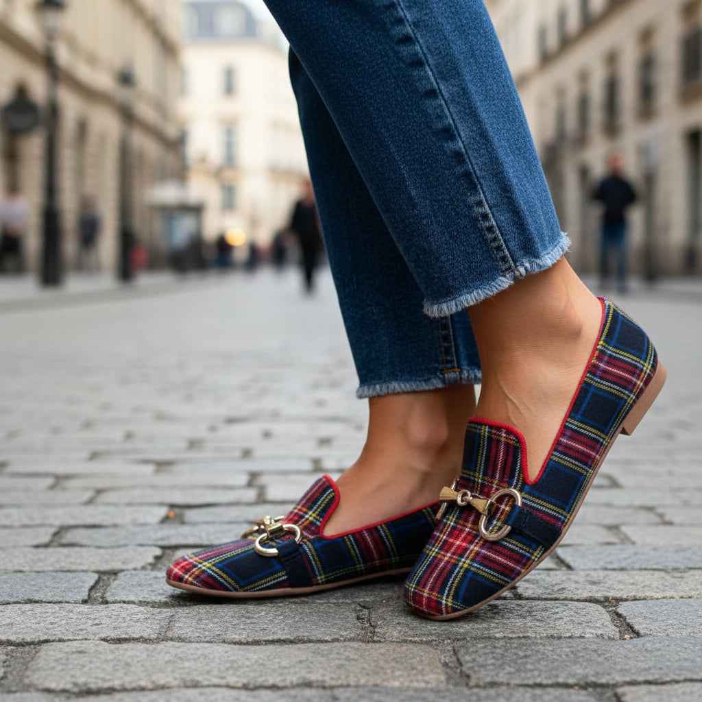 Women's Plaid Square Toe Flats – Buckle Casual Shoes in Red & Blue