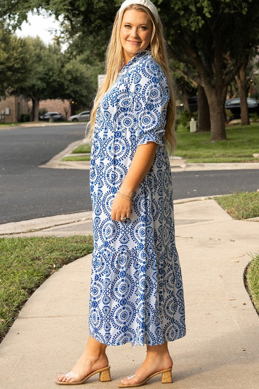 Print Lace-up Notch Neck Plus Size Maxi Dress