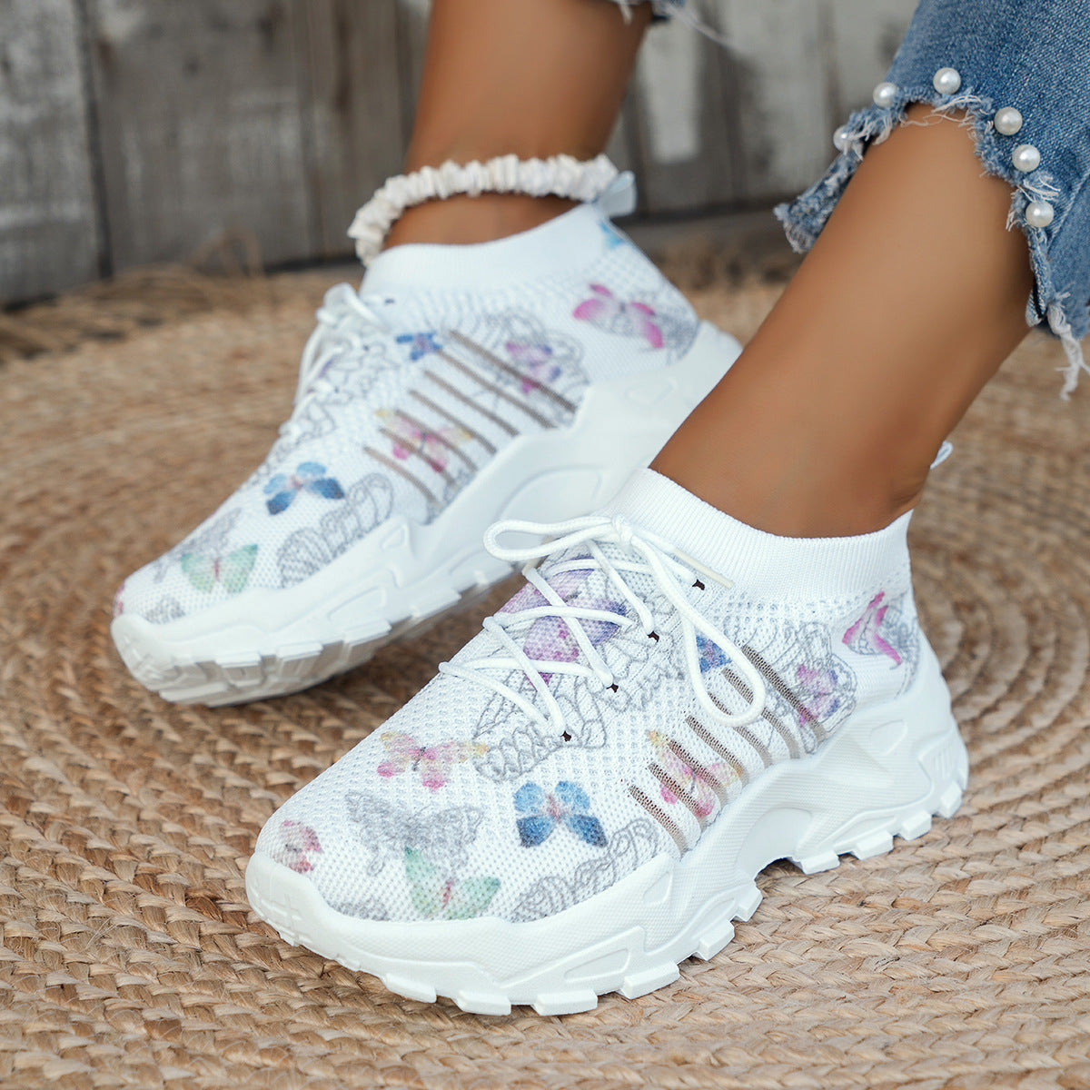 Women's Butterfly Print Mesh Casual Shoes Sneakers