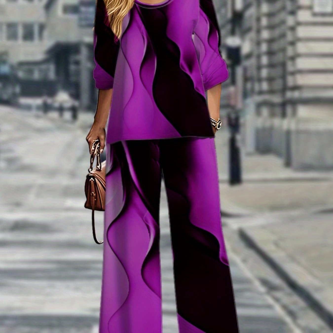 Vibrant  Geometric Plus Size Long Sleeve Top  Pants Set