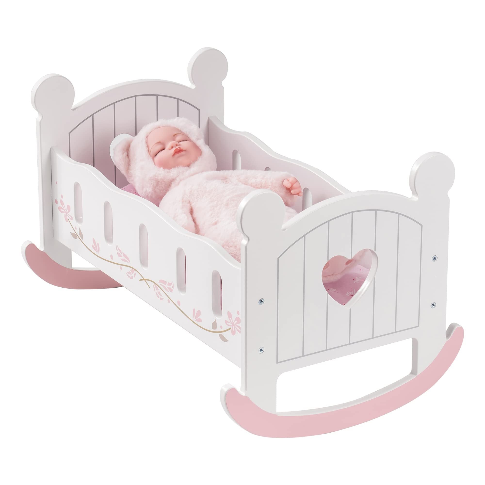 Wooden Doll Bed Cradle with Bedding For Dolls Up to 18 Inches