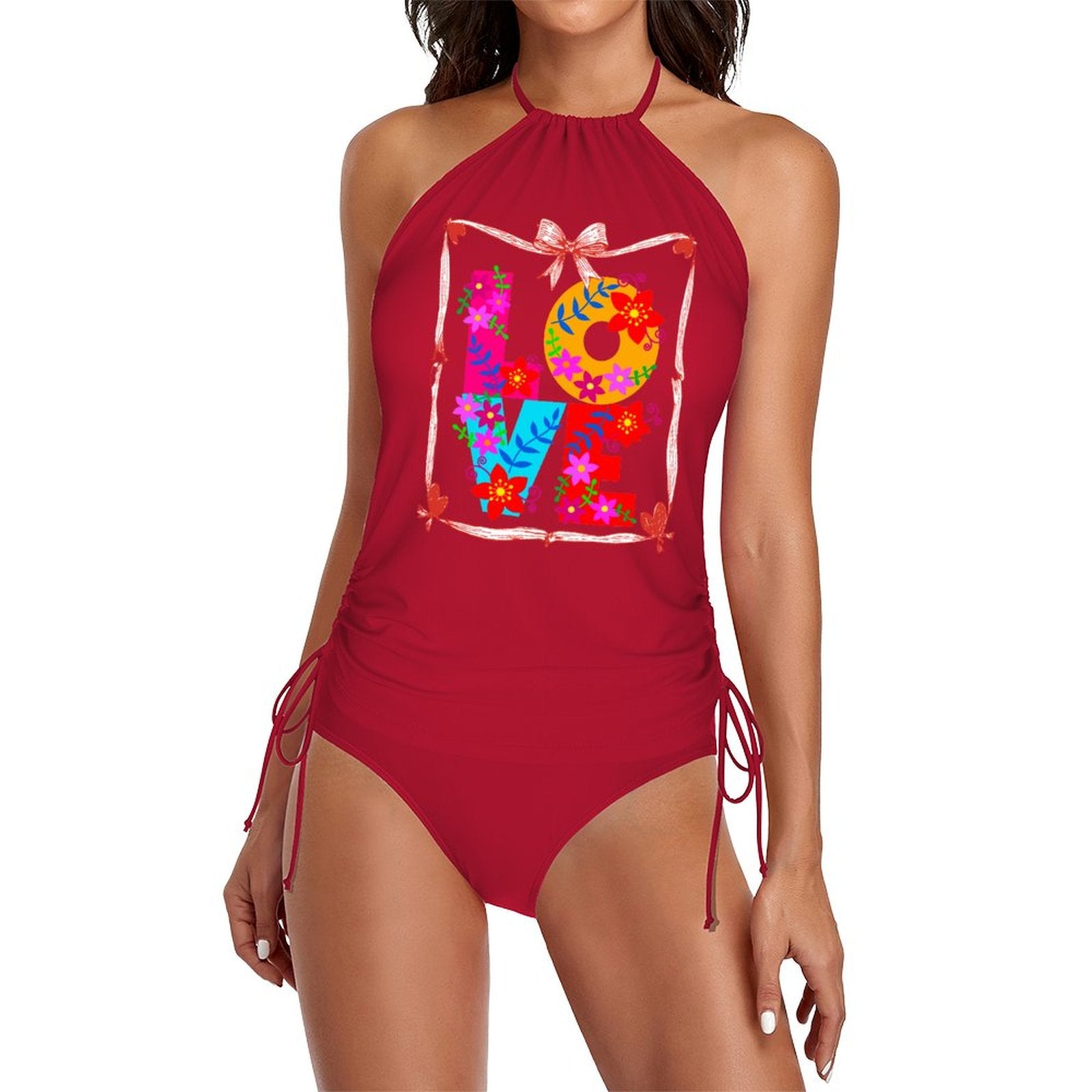 Floral LOVE Halter High Neck 2-Piece Swimsuit Set for Women (Front Printing)