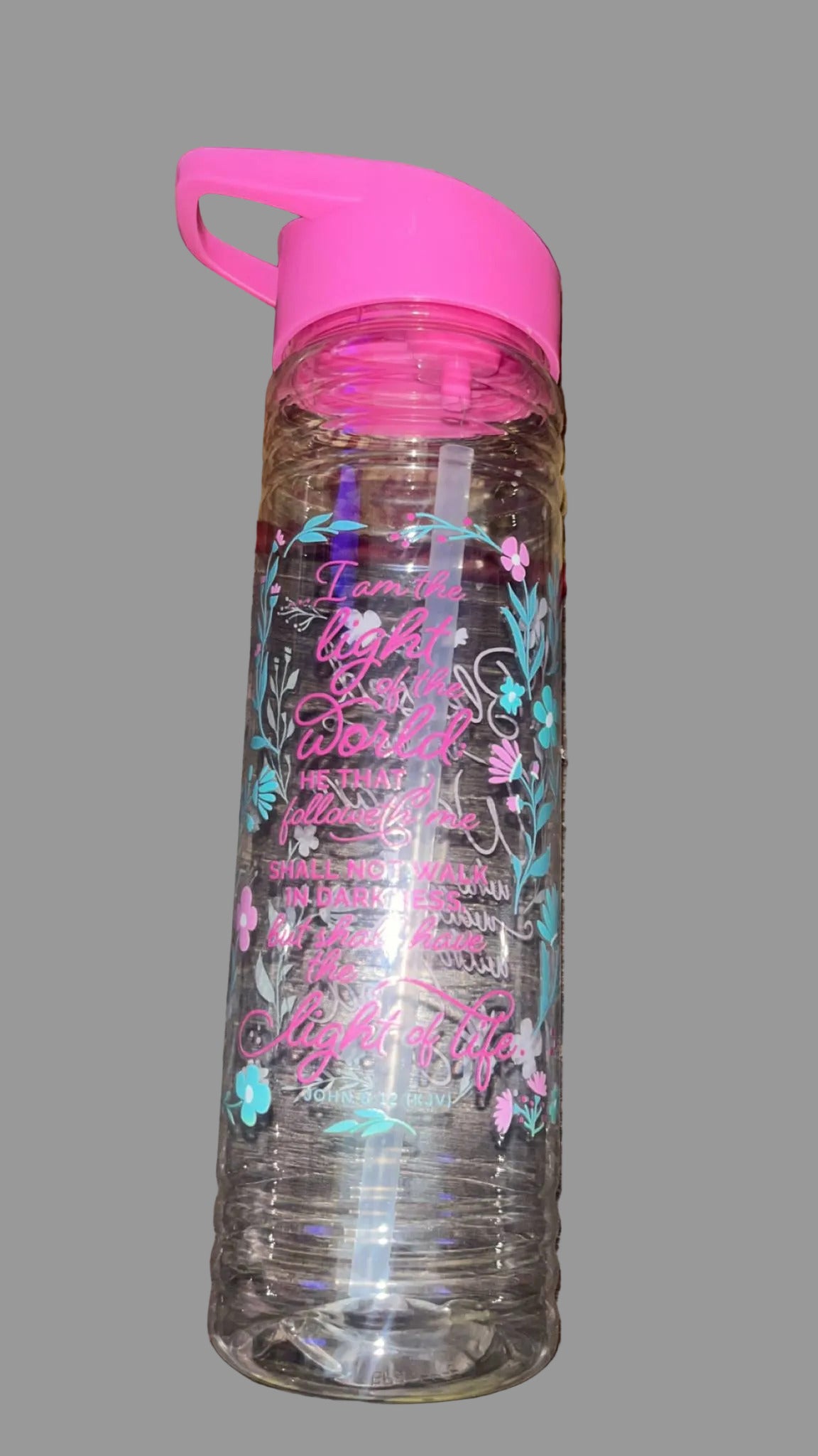Pink Clear Scripture Plastic Water Bottle