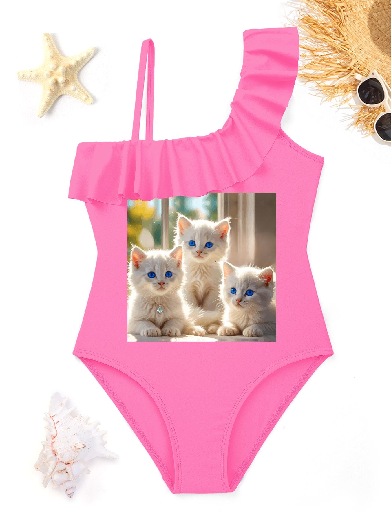 Fluffy White Kittens with Blue Eyes Girls' Ruffled One-Piece Swimsuit (Front Printing)