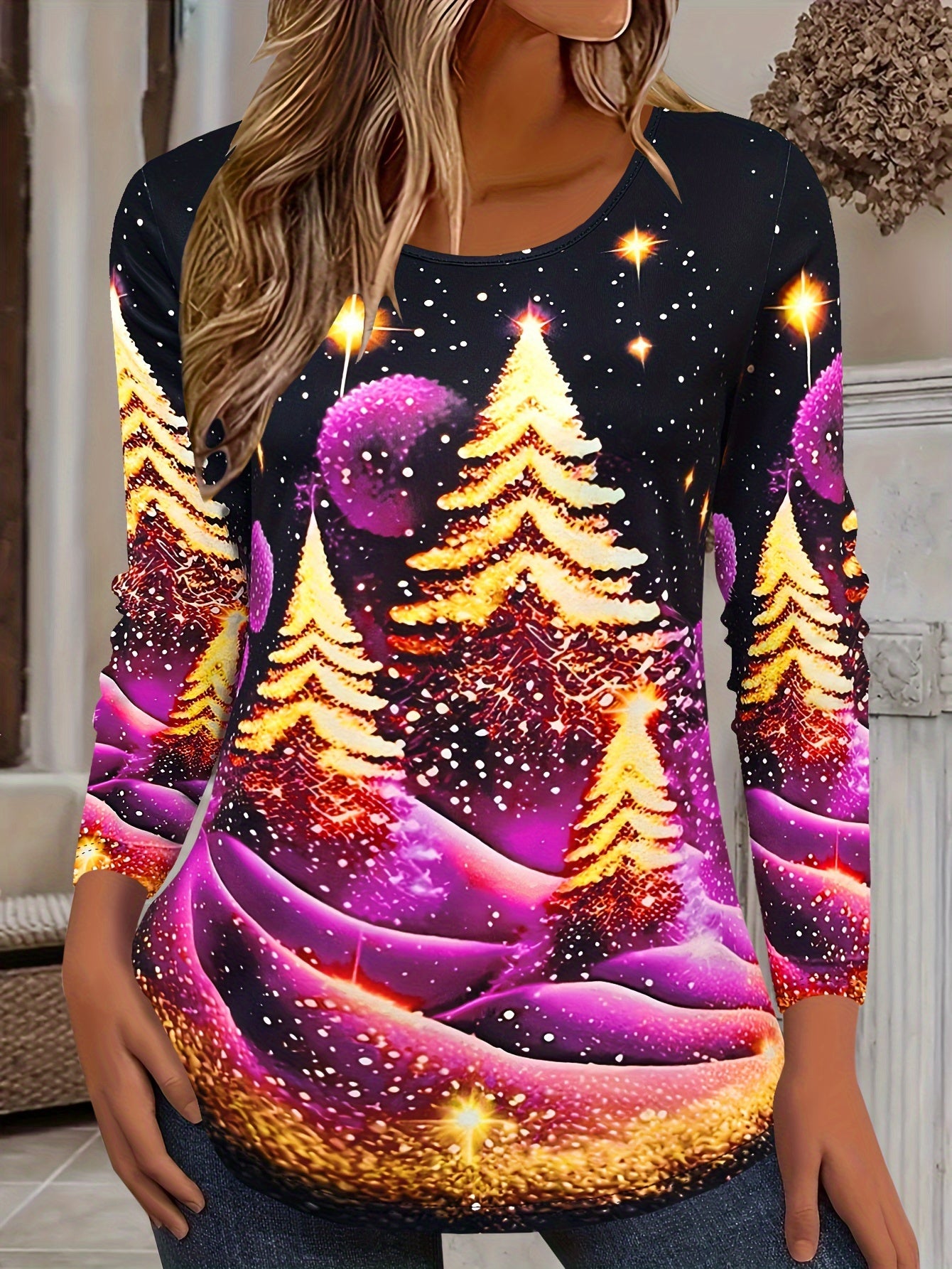 Women's Christmas Print Crew Neck Long Sleeve T-Shirt