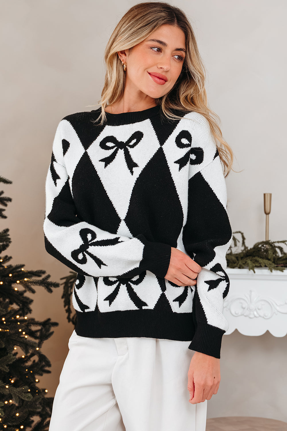 Women's Bow Colorblock Rhombus Drop Shoulder Sweater