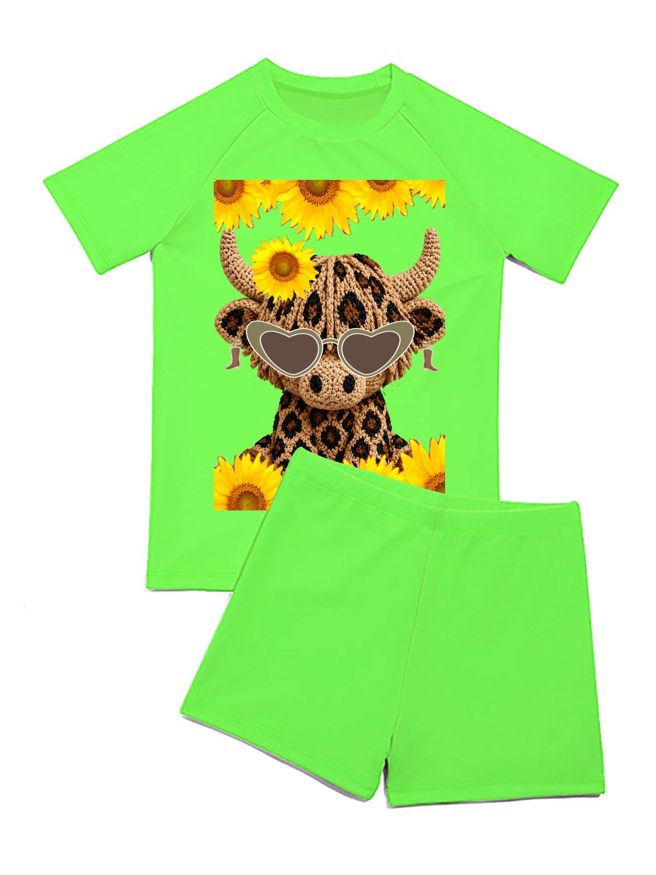Yarn Highland Calf with Sunglasses Short Sleeved Swimsuit for Children (Front Printing)
