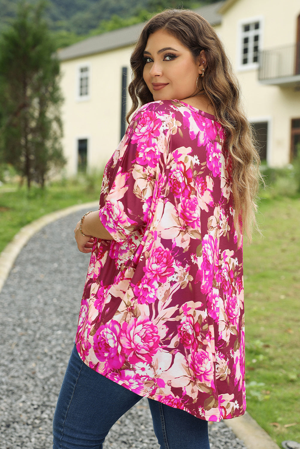 Women's Red Plus Size Floral Print Half Sleeve Shirt