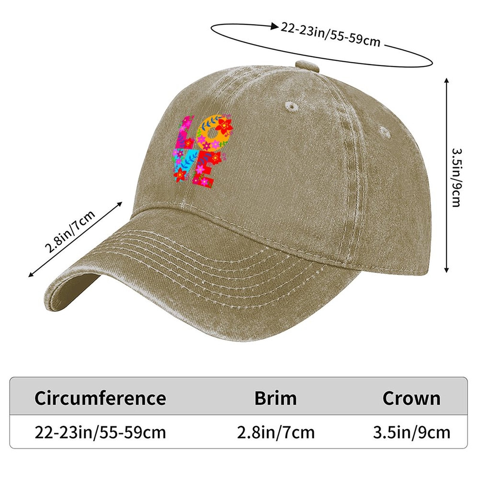 Floral LOVE Cotton Vintage Washed Denim Baseball Cap (Front Printing)