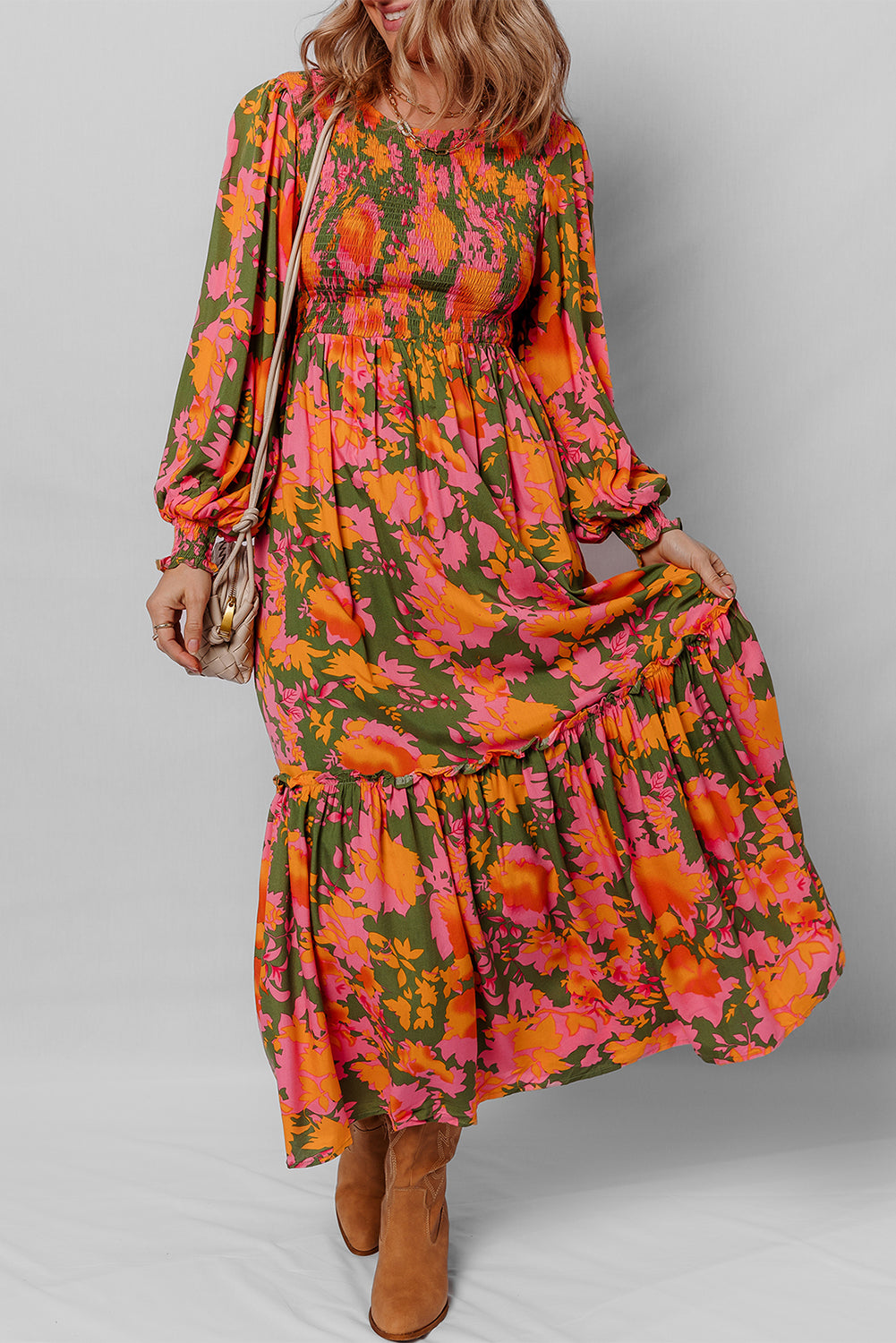 Orange Floral Puff Sleeve Smocked Ruffle Maxi Dress