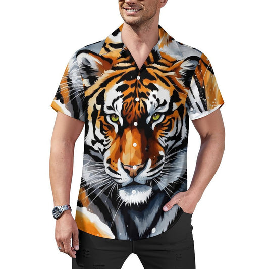 Men's Tiger Short Sleeve Hawaiian Print Shirt with Cuban Collar