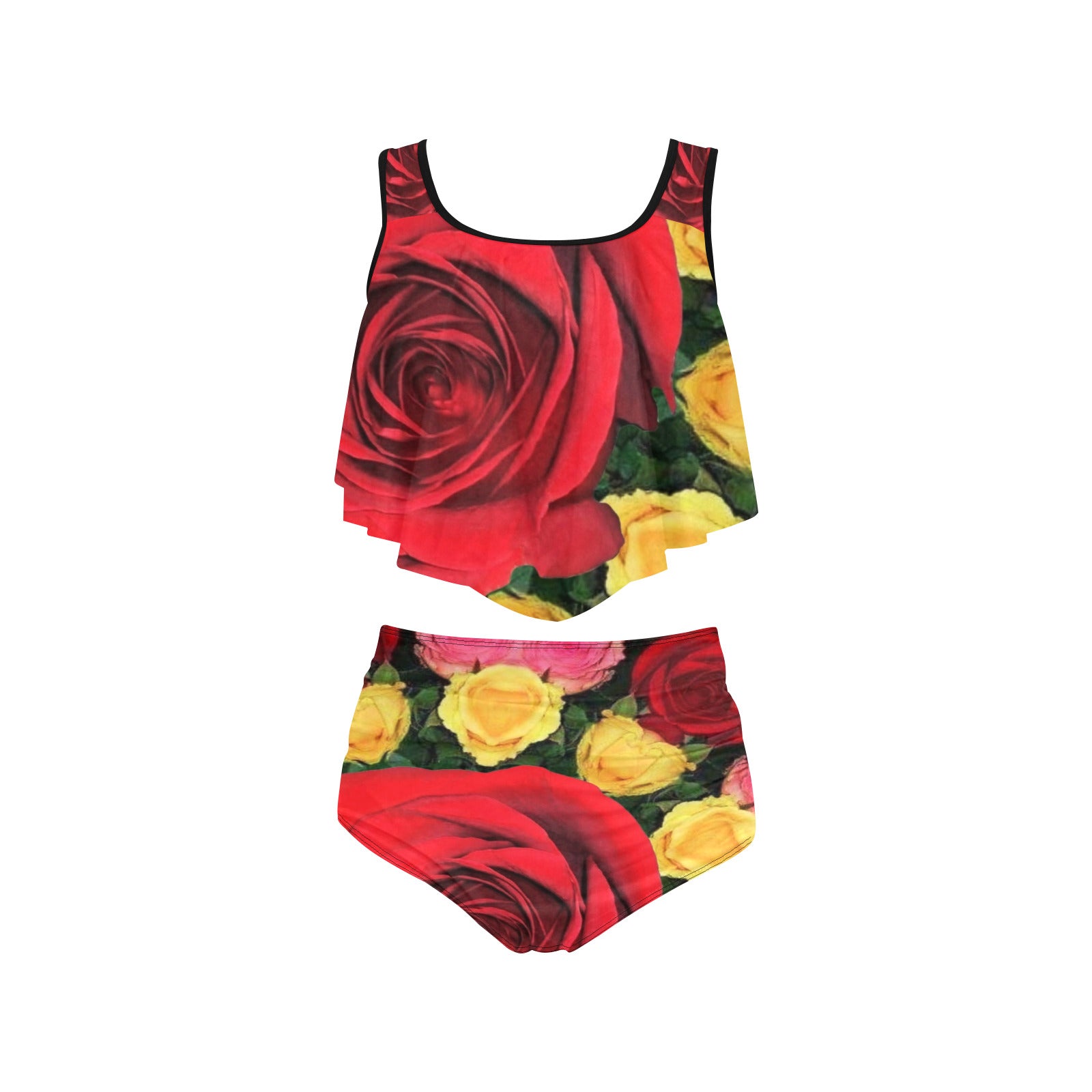 Red & Yellow Roses Ruffle Flounce High Waisted 2-piece Swimsuit