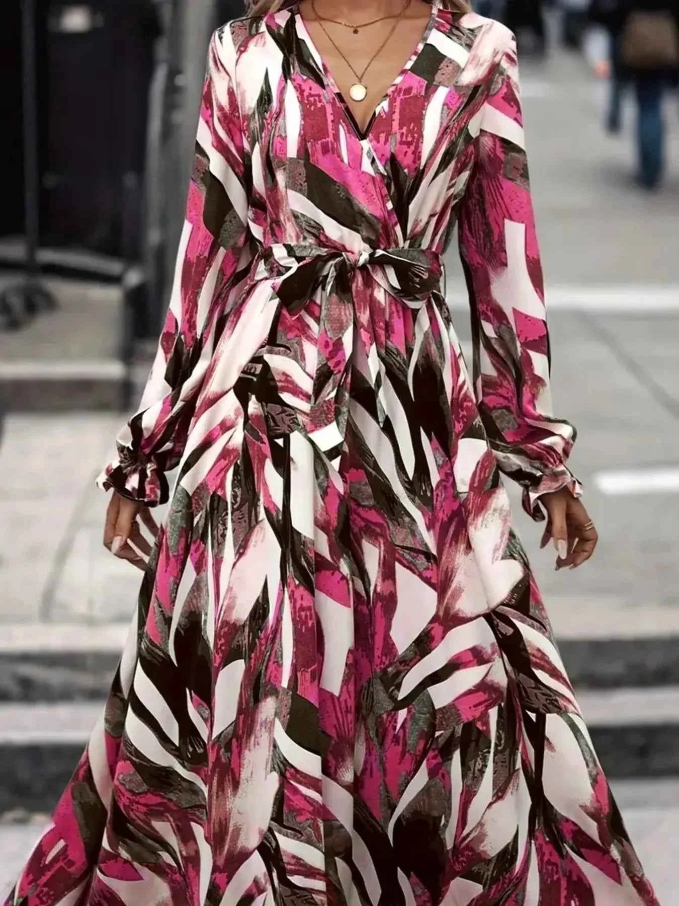 Printed Surplice Belted Flounce Long Sleeve Maxi Dress